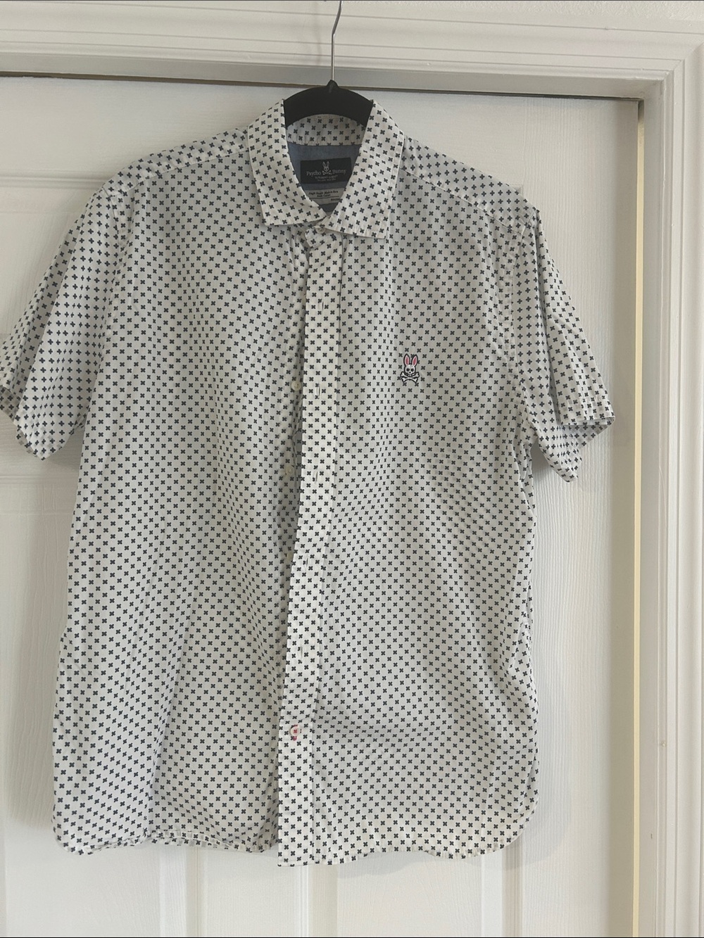 Psycho Bunny White Short-Sleeve  Button-Up large with Navy Micro Cross Print